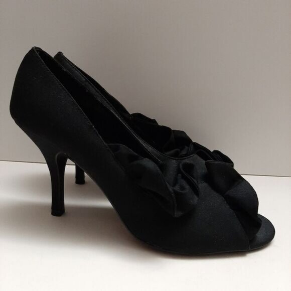 ANN MARINO Ruffle Detail Peep-Toe Slip-On High Heel Shoes Black Fabric Sz 9 M - Picture 2 of 16
